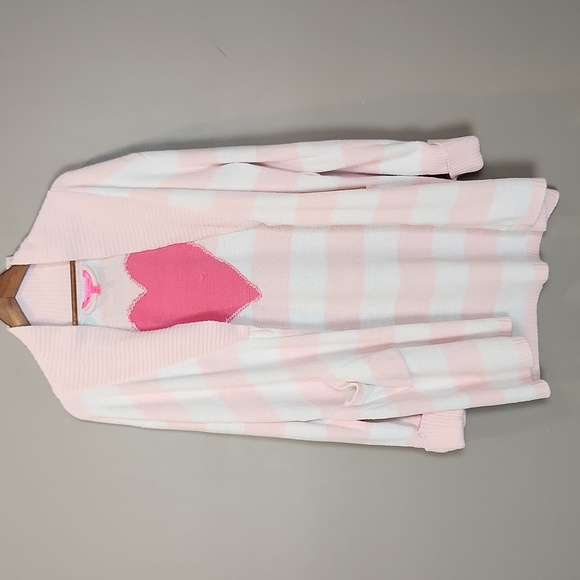 Betsey‎ Johnson Pink and White Striped Heart Cardigan Size Large - Picture 3 of 12